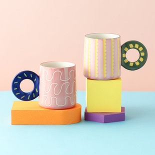 日本francfranc夏季新款彩色手绘陶瓷马克杯创意水杯 粉色+灰色