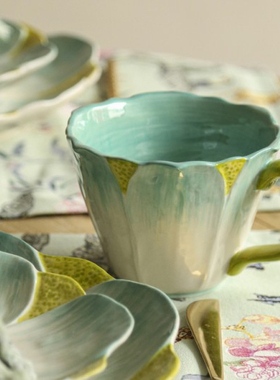 FQRLIVING MUG TAZA FLOR手工制作绘画绿色花瓣造型陶器餐盘 水杯