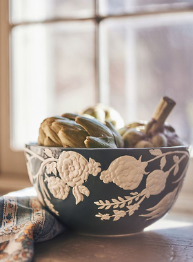FQR LIVING Turkuaz设计师联名款 手工绘画陶器蓝白花卉汤碗面碗