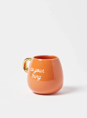 FQRLIVING do your thing鲜艳橙色釉面陶器圆形带金色手柄马克杯