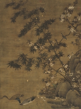 宋佚名桃竹双凫图国画花鸟古画复制品字画微喷打印绢布画心装饰画