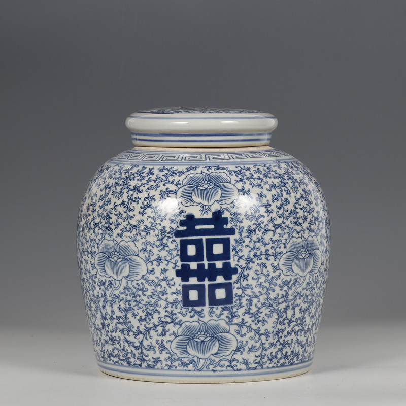 千禧阁仿古青花瓷瓷器仿古喜字罐图片
