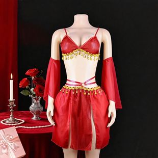 性感红色肚皮舞拉丁舞服女异域风情金属装饰三点式套装