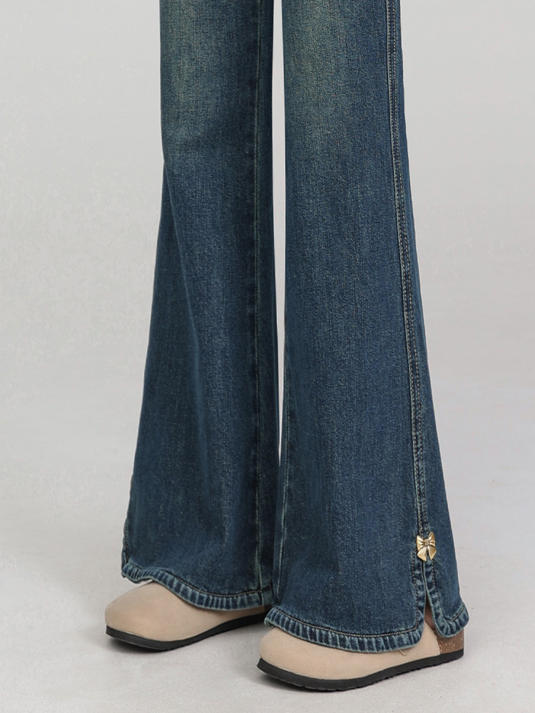 Retro Flared Jeans for Women Fleece Lined 2025 New Style, Suitable for Petite Figures, High Waist, Slimming, Versatile, Slit Bell Bottoms