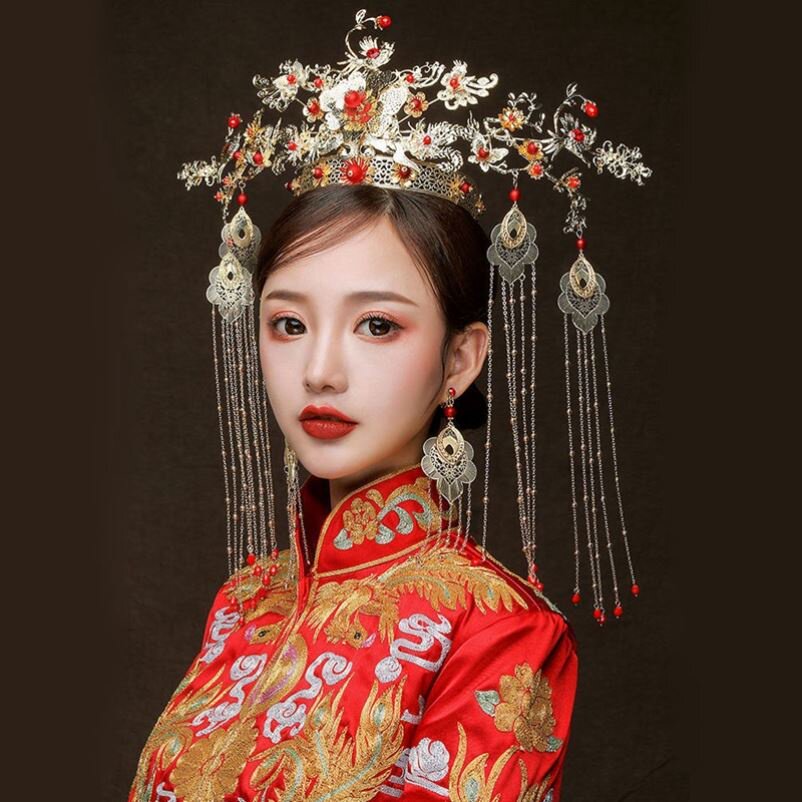 中式新娘头饰高级2021新款秀禾头饰新娘结婚简单中式凤冠盘发秀禾