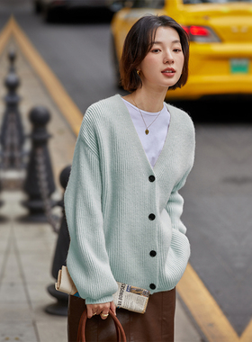 速发蓝色针织开衫202装外新宽松高级感外搭士V领毛衣款套