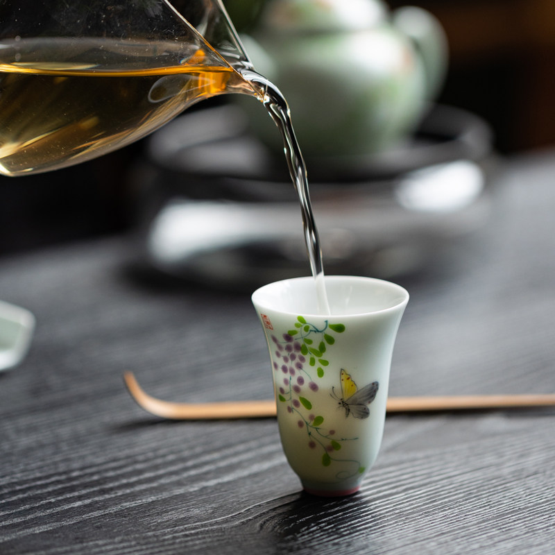 速发紫藤蝴蝶高身主人杯女单个功夫茶具闻香杯陶瓷茶杯小号品茗杯