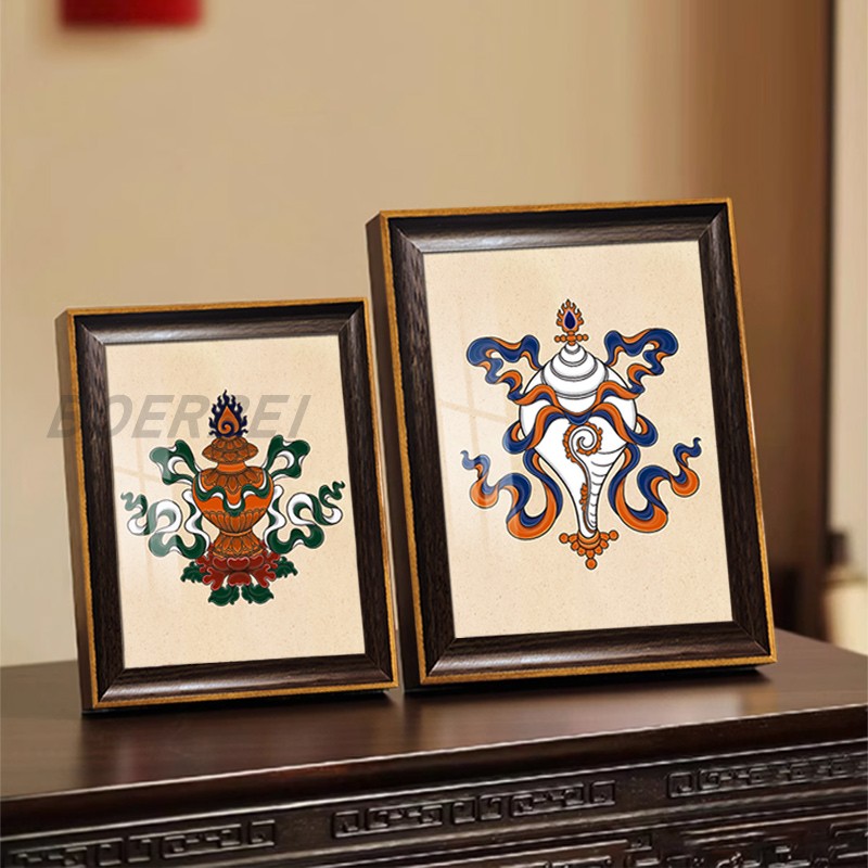 速发吉室祥办公吉书房桌面摆台画藏族八祥八宝挂画送礼招财A4画框