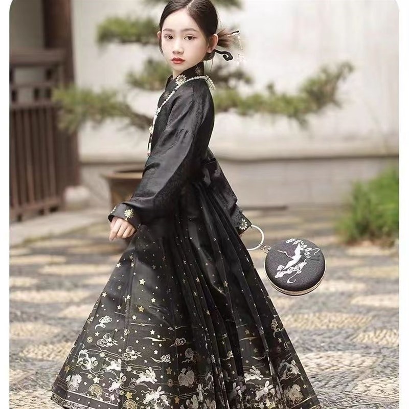 现货马面裙套装儿童女童古装汉服黑色2024新款古风唐装日常薄款半