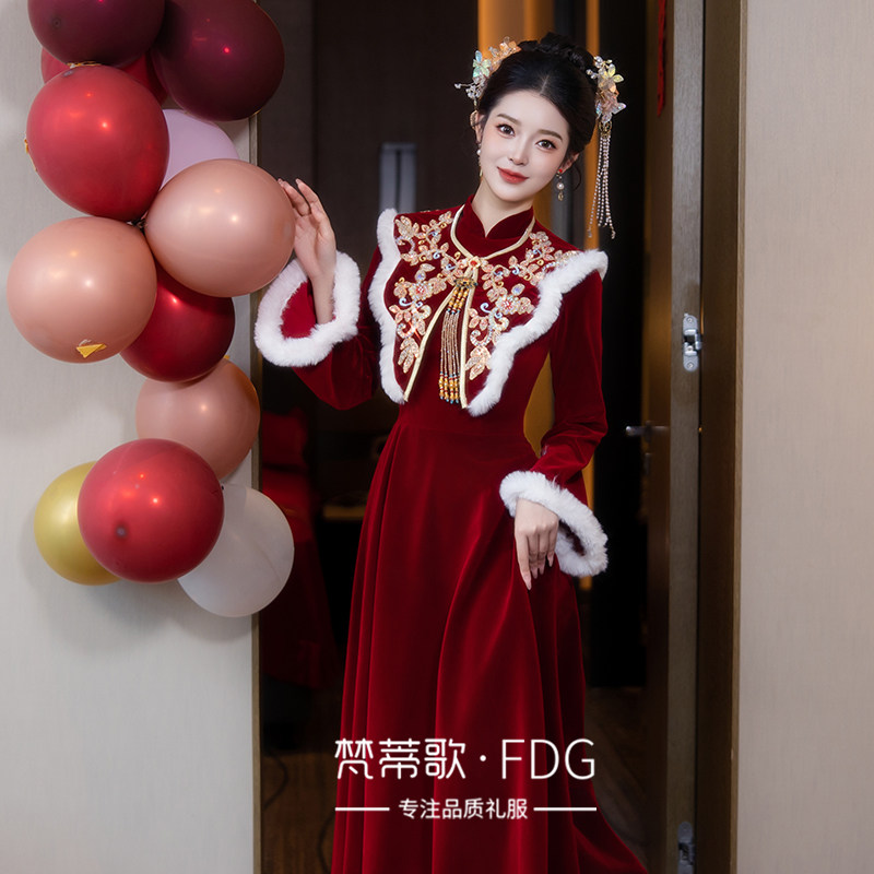 速发新中式敬酒服20服5新款新娘旗袍订婚礼2冬结婚出阁加厚秀禾服