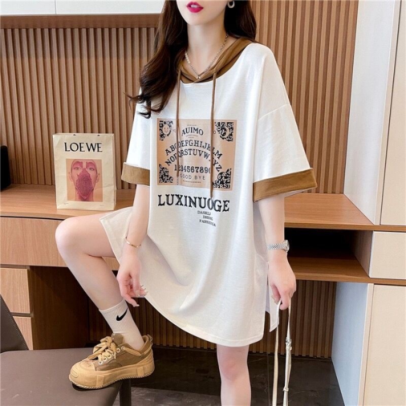 速发抖音质量/环定纺/后包领/中长款连帽拼接短袖T恤女小众网红装