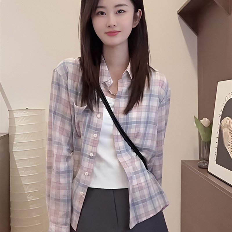 速发格子薄款长袖款款2025新夏休闲设众感小计防晒开衫外套上衣