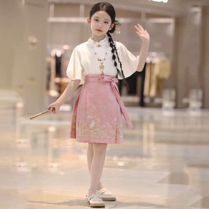 现货马面裙女童短款夏装2024新款儿童新中式国风套装小女孩汉服裙