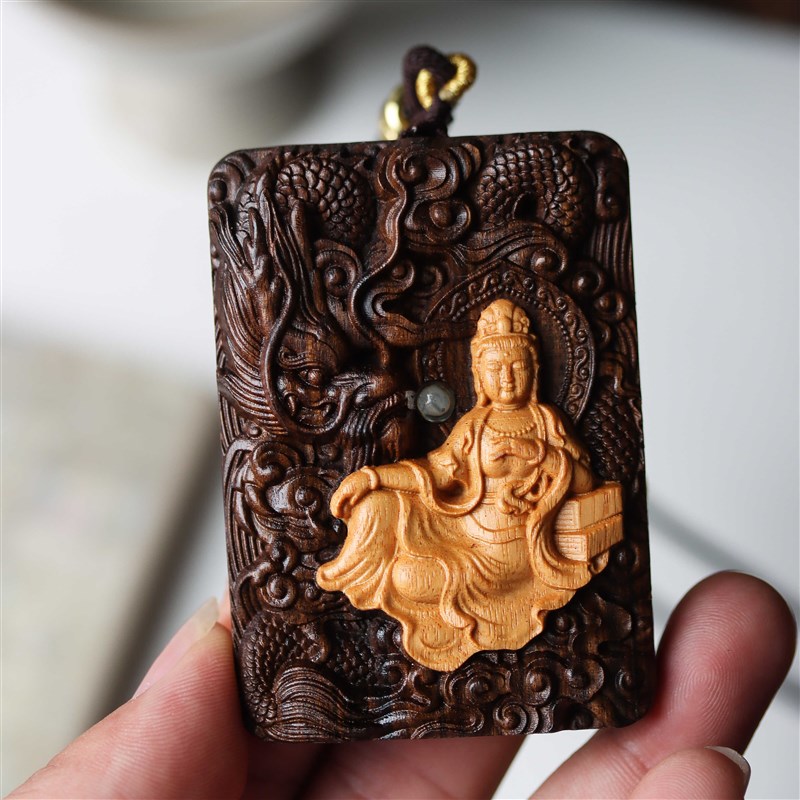 保真速发沉香木雕刻御龙自在观A音佛牌脖挂男士随身手把玩件项链