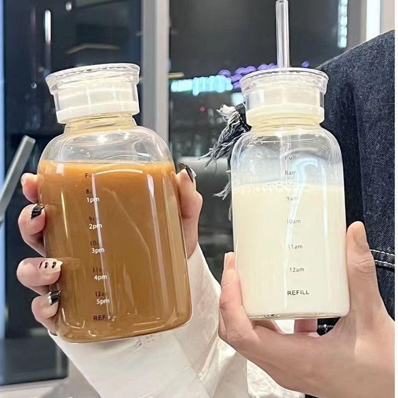 速发extRoad牛奶杯玻璃带吸管带盖有刻度便携耐高温密封透明水杯