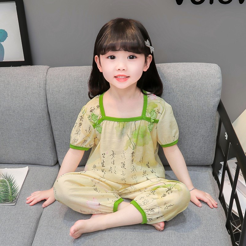 现货女童绸缎唐装家居服睡衣3儿童夏季宝宝1-6岁2024新款国风空调