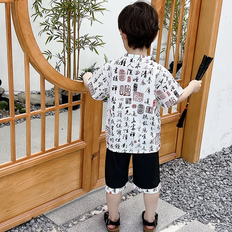 速发男童新中式套装2024新款儿童装国风汉服宝宝唐装男孩薄款短袖