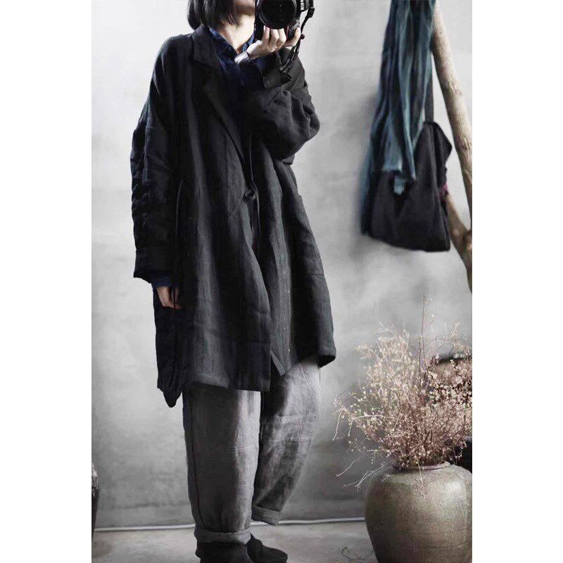 现货素年未央191k2/冷春 亚麻 春秋女中长款里衬黑色简约文艺外套