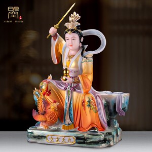保真速发b九天玄女神像九天娘娘汉白玉彩绘家用佛堂桌面摆件玄母