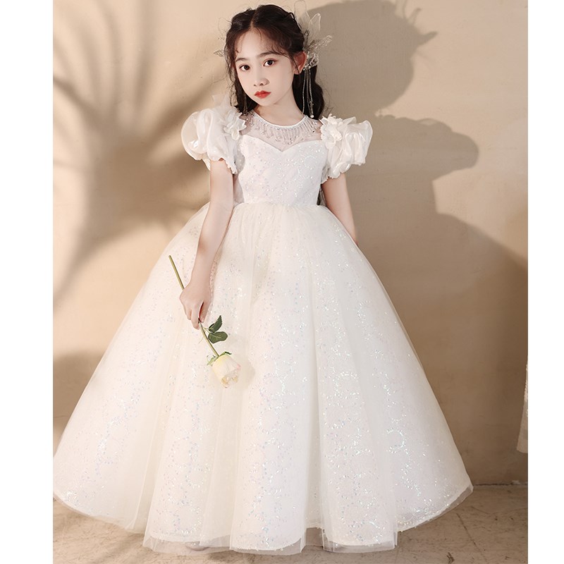速发女童生日礼服公主裙白色儿童婚纱蓬蓬大童花童钢琴演奏演出服