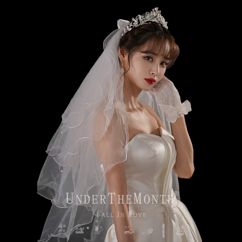 速发新娘结婚主婚纱头纱超仙森系网红拍照道具四层蓬蓬白色纱珍珠