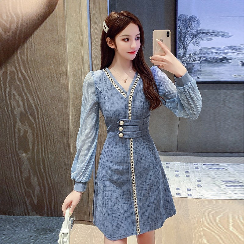 速发秋熟小香长袖连衣裙裙021春轻绒配大衣内搭打底2子