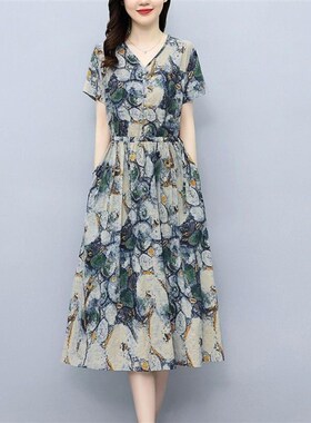 现货2024夏天新款宽松收腰过膝短袖女装裙子夏季印花遮肉连衣裙中