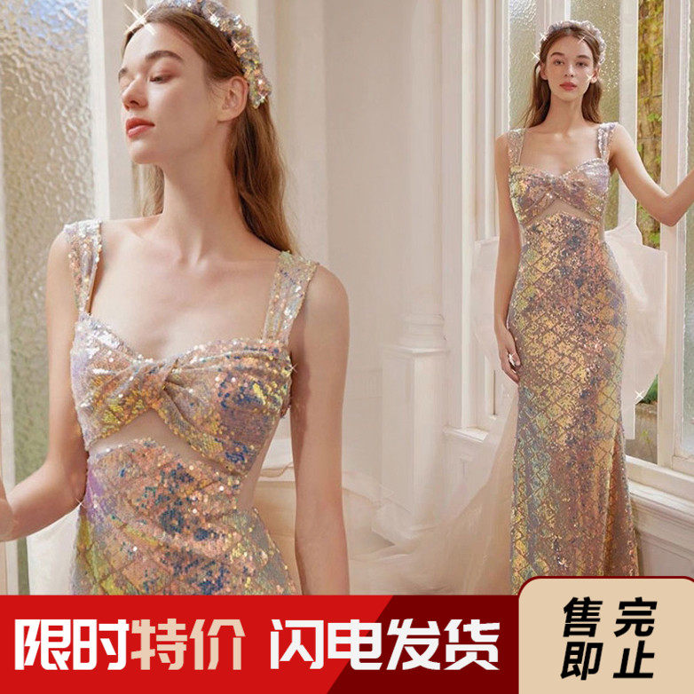 速发s性感持耀粉色新娘结婚敬酒服宴闪演出主会人鱼尾婚纱晚礼服1