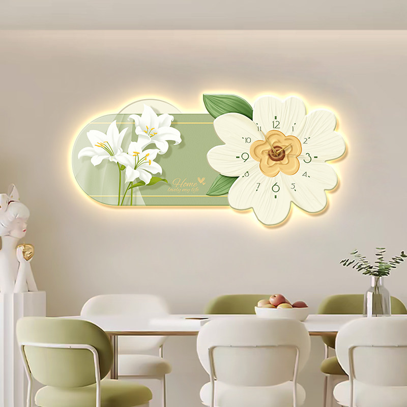 速发简花卉餐厅装饰奶风约画油风带钟表餐桌壁画饭厅背景墙画