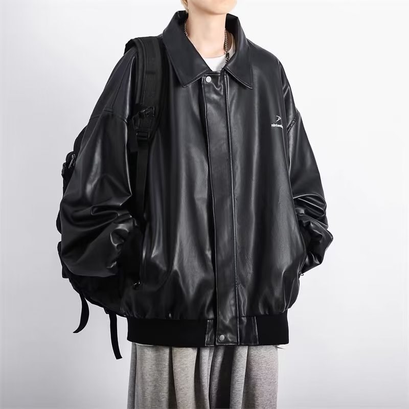 速发皮衣夹克男2024年春季新款欧美宽松休闲翻领机车工装PU皮外套