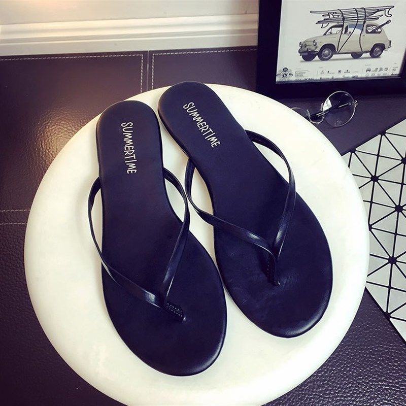 速发2021新沙夏黑色皮质平底防滑夹穿人字拖外脚海边款滩凉拖鞋