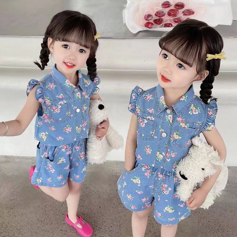现货女童夏季洋气时髦牛仔套装2024新款儿童宝宝短裤夏装薄款衣服