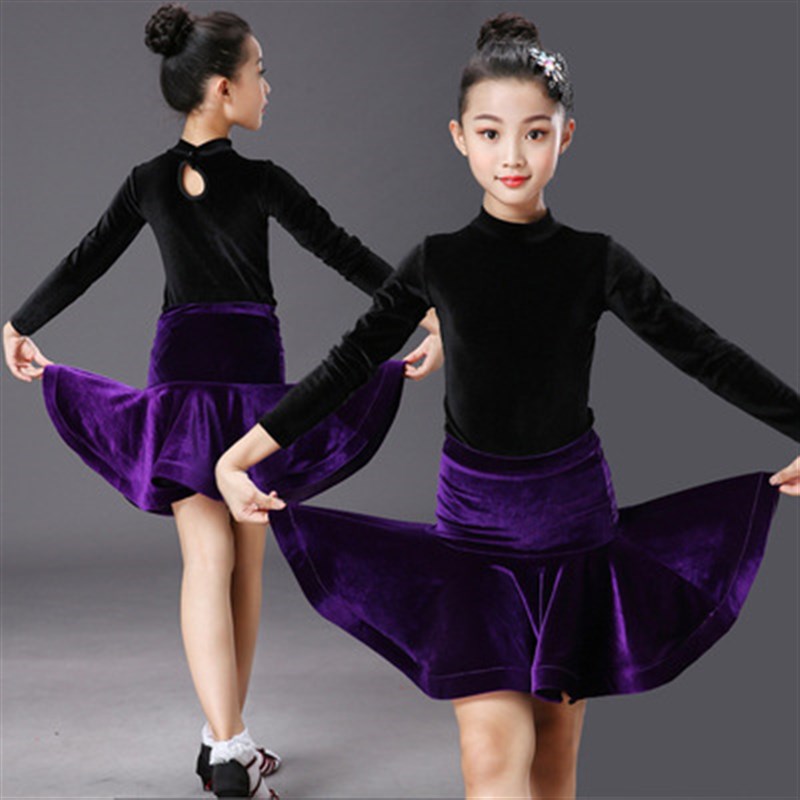 速发拉丁舞服装秋冬季丝绒长袖儿童女少儿拉丁舞练功服女童比赛演