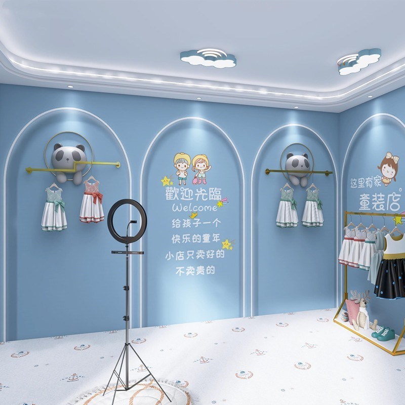 现货3d童装直播间墙纸简约温馨蓝色可爱风儿童活动室壁纸母婴店背