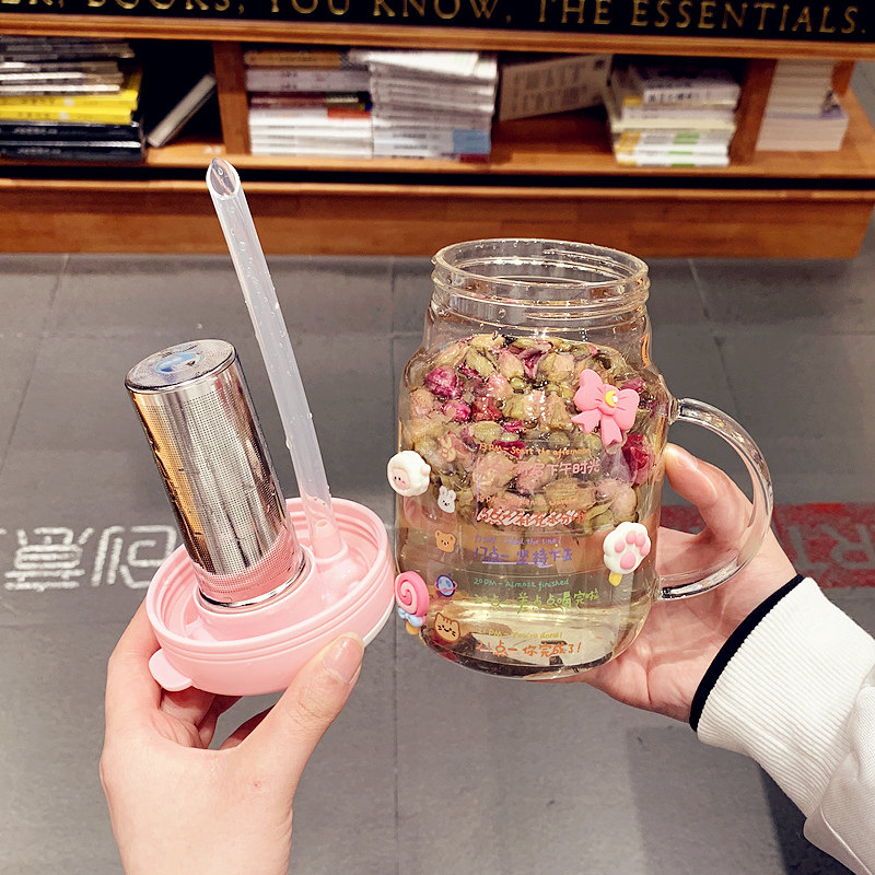 速发大容量水杯女生办公室可爱吸管玻璃杯耐高温茶水分离泡茶杯子