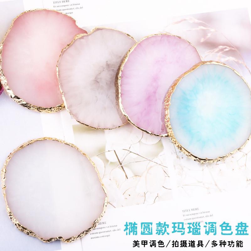 正品美甲调色板玛瑙石金色圆边裂纹装饰品展示版彩绘大理石椭圆树