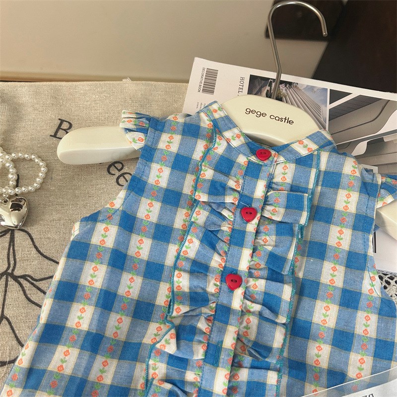 现货韩版童装2024新款夏季女童格子连衣裙女宝宝洋气拼接背心裙公