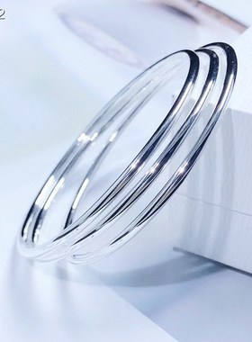 林钰银饰足银99三生三世亮面纯银手镯女实心圈口镯子送女友礼物