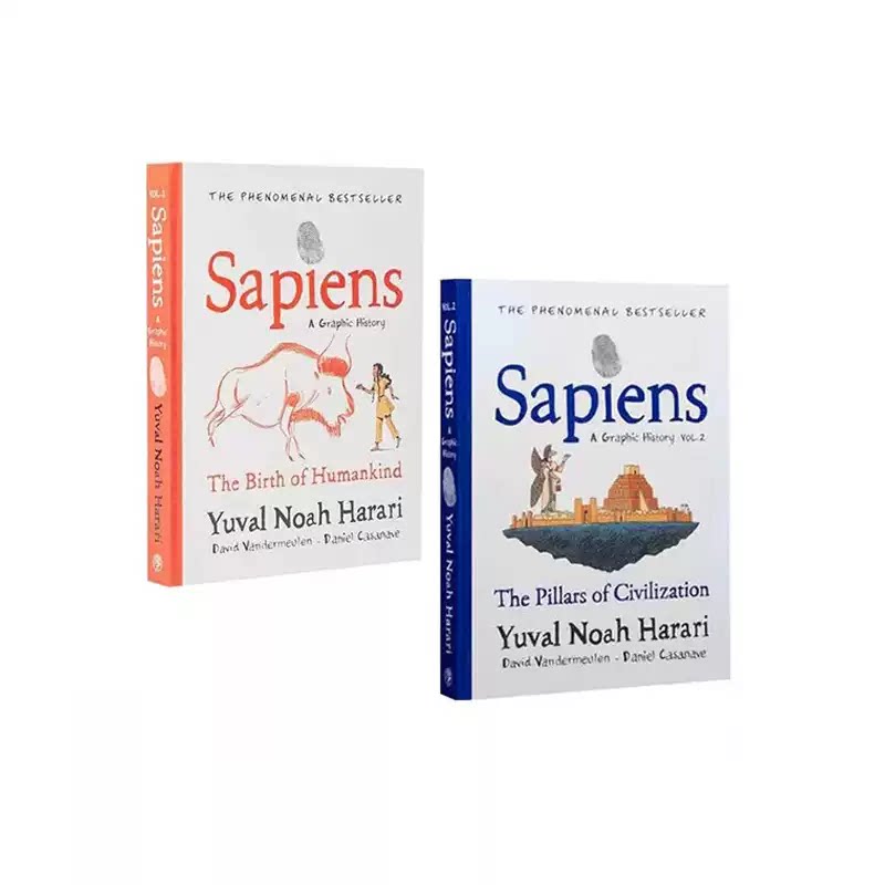 英文原版 Sapiens 人类简史漫画版 2册合售 从动物到上帝 尤瓦尔·赫拉利 Yuval Noah Harari 世界通史