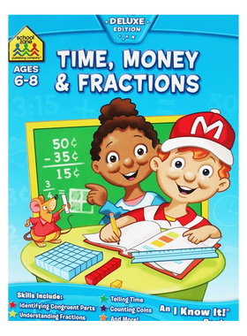 英文原版 时间金钱和分数 学科练习册 School Zone I Know It Workbook Deluxe Edition Time Money & Fractions