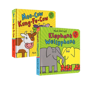 Moo 英文单词学习 儿童启蒙认知 2册 Elephant Wellyphant Nick Kung Cow 边玩边学 英文原版 Sharratt 纸板翻翻书