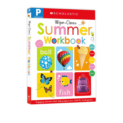 英文原版 Wipe Clean Pre-K Summer Workbook 螺旋装帧 暑假练习册 启蒙英语单词字母数字学习 学前教育Schlastic Early Learners