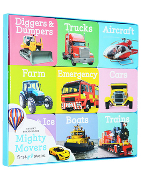 英文原版 First Steps Mighty Movers 宝宝认知识字 交通工具纸板盒装 9册可拼图