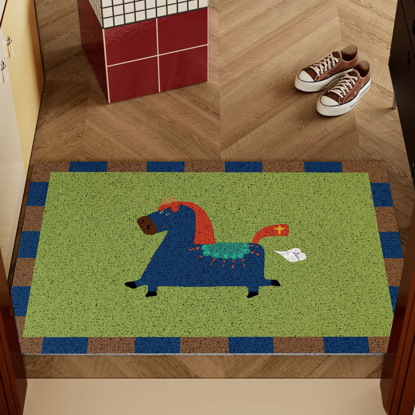 鹿小调马年卡通入户门地垫丝圈进门垫防滑可爱除尘门垫可自由裁剪