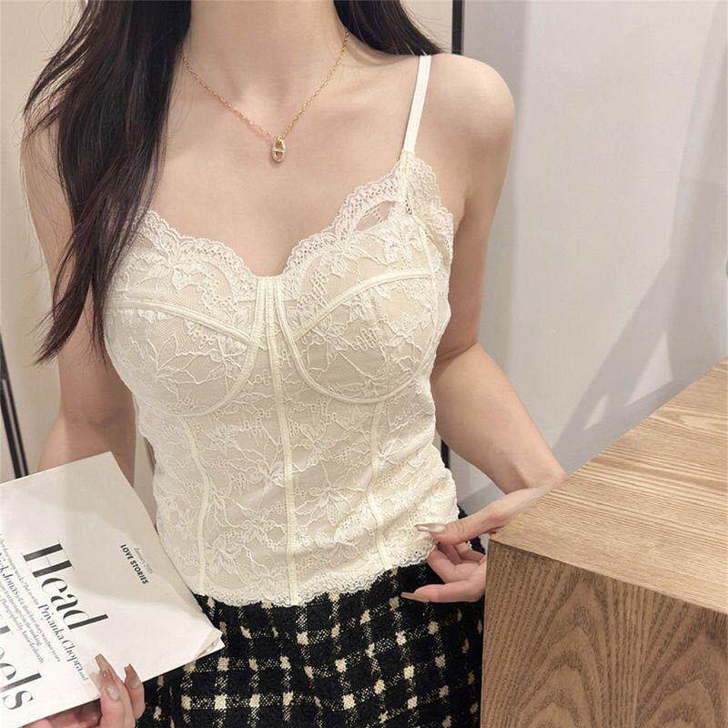 爆款鱼骨蕾丝小吊带显瘦纯欲性感带胸垫外穿辣妹蕾丝背心黑色