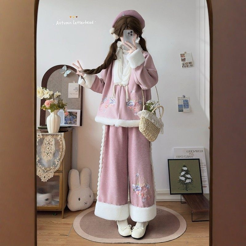 鼎尚原创{咩咩}汉服女冬款刺绣加绒外套裤子国风日常新年可爱套装,女装/女士精品,汉服套装,淘宝优惠券,粉丝福利购,淘宝优惠卷