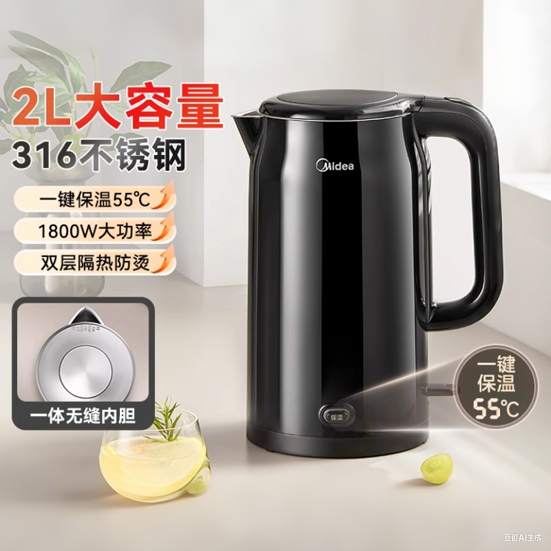美的电热水壶2025新款家用2L大容量316L不锈钢电水壶自动断电烧水,厨房电器,电热水壶,淘宝优惠券,粉丝福利购,淘宝优惠卷
