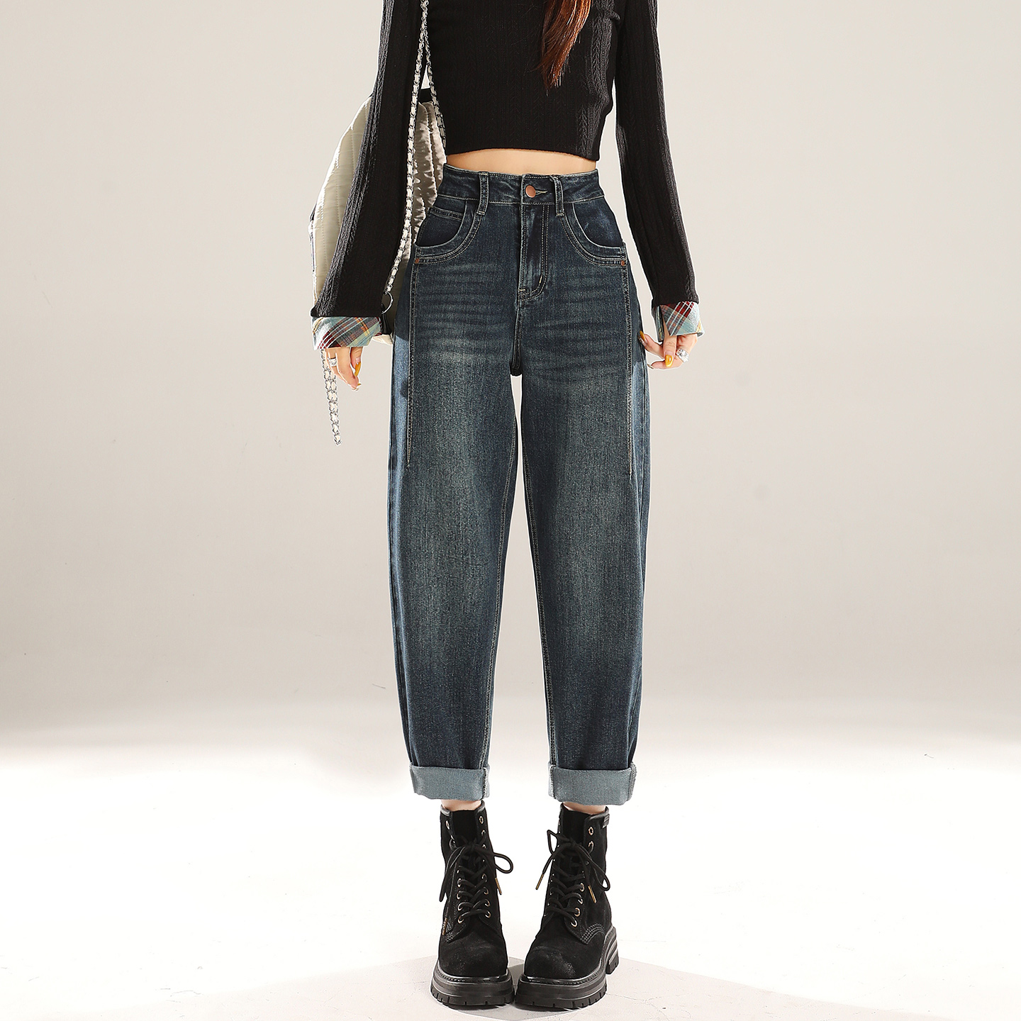大码哈伦牛仔裤女高腰宽松老爹裤