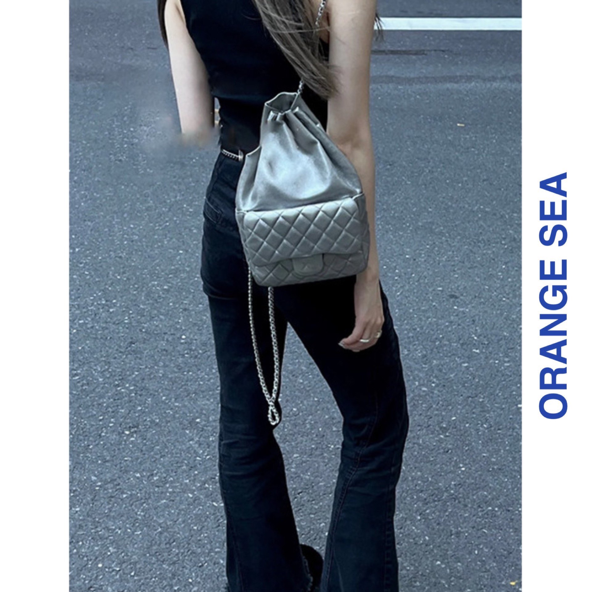 【香香银系列】Jennie同款银色双肩包抽绳背包菱格链条双肩包