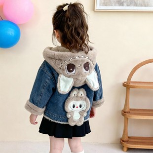 女童卡通拉布布连帽牛仔外套秋冬加绒保暖毛绒夹棉大中小童棉衣